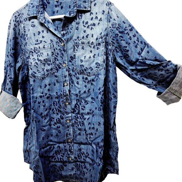 Side Stitch woman Blue Leopard Print Lyocell long Sleeve Shirt Size XS - Picture 10 of 13